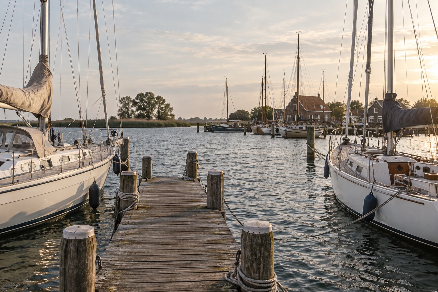 Een rustige jachthaven met zeilboten, houten steigers en riet langs de oever
